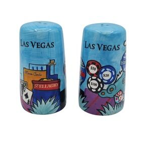Vtg Las Vegas Ceramic Salt & Pepper Shakers Set Casino Chips Dice Souvenir Gift
